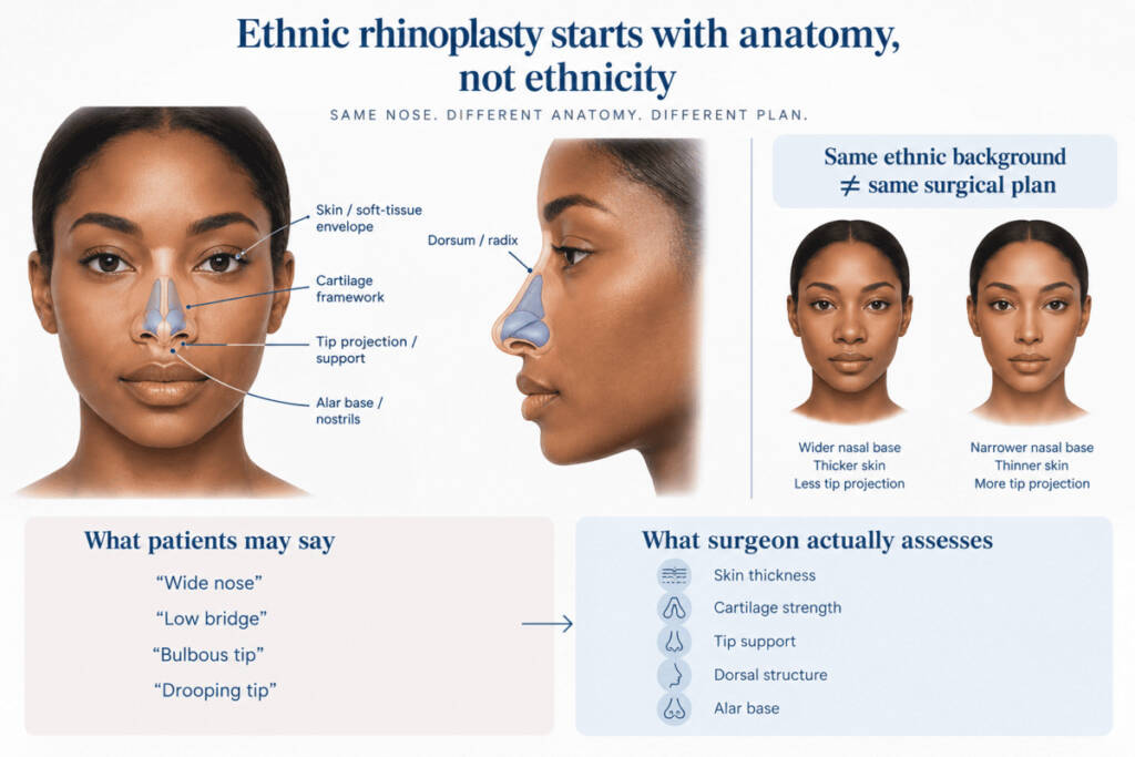 A high-end medical illustration of a generic face in frontal and profile views.
Instead of assigning a “Black nose,” “Asian nose,” “Middle Eastern nose,” etc., show the nose with five anatomical callouts:
Skin/soft-tissue envelope
Cartilage framework
Tip projection/support
Dorsum/radix
Alar base/nostrils
Beside it, a small visual statement:
Same ethnic background ≠ same surgical plan
with two simplified faces having visibly different anatomical parameters.
What it contains
A two-column concept:
What patients may say
“Wide nose”
“Low bridge”
“Bulbous tip”
“Drooping tip”
↓
What surgeon actually assesses
Skin thickness
Cartilage strength
Tip support
Dorsal structure
Alar base