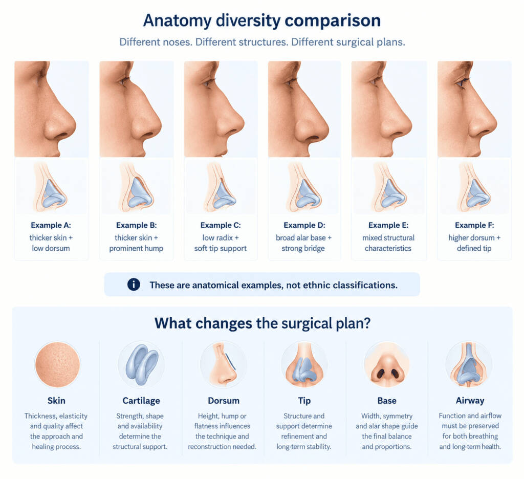 Media: Anatomy diversity comparison — NOT an “ethnic nose types” chart
This is particularly important.
What it should look like
Show 5–6 simplified nose illustrations, but do not label them:
❌ “African nose”
❌ “Asian nose”
❌ “Arab nose”
Instead label them:
Example A: thicker skin + low dorsum
Example B: thicker skin + prominent hump
Example C: low radix + soft tip support
Example D: broad alar base + strong bridge
Example E: mixed structural characteristics
Then underneath:
These are anatomical examples, not ethnic classifications.
What it contains
A second layer shows:
What changes the surgical plan?
Skin
Cartilage
Dorsum
Tip
Base
Airway
Aim
This directly defeats one of the biggest weaknesses of competitors such as Doku, whose page still presents anatomy through broad ethnic-category tables.
It lets Dr. Bağlı capture ethnic-subgroup intent without visually reinforcing stereotypes.