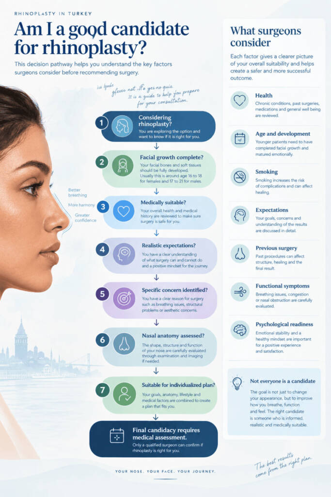 Candidate decision pathway:
A vertical decision tree:
Considering rhinoplasty?
↓
Facial growth complete?
↓
Medically suitable?
↓
Realistic expectations?
↓
Specific concern identified?
↓
Nasal anatomy assessed?
↓
Suitable for individualized plan?
At the bottom:
Final candidacy requires medical assessment.
What it contains
Do not make it a simplistic “yes/no medical diagnosis tool.”
Instead, explain the factors surgeons consider:
health
age/development
smoking
expectations
previous surgery
functional symptoms
psychological readiness