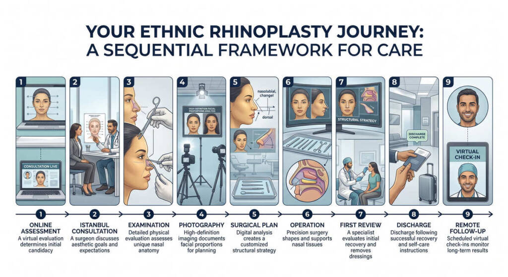 Media: “Your surgery journey” horizontal timeline
What it should show
Online assessment
→ Istanbul consultation
→ Examination
→ Photography
→ Surgical plan
→ Operation
→ First review
→ Discharge
→ Remote follow-up
Each stage gets one sentence.
Aim
The patient sees the whole experience before having to read the entire section.
Important
Do not use operating-room patient imagery.
Current Turkish rules prohibit publishing images of patients during an operation or medical intervention.
Instead use:
surgeon consultation photography
instruments without a patient present
anatomical diagrams
surgical planning screen
empty hospital environment