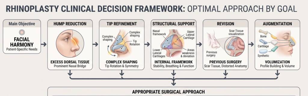 A smaller decision tree:
Main objective
→ hump reduction
→ tip refinement
→ structural support
→ revision
→ augmentation
↓
appropriate surgical approach
Aim
This prevents the page from making the common competitor mistake of turning “open vs closed” into a marketing contest.