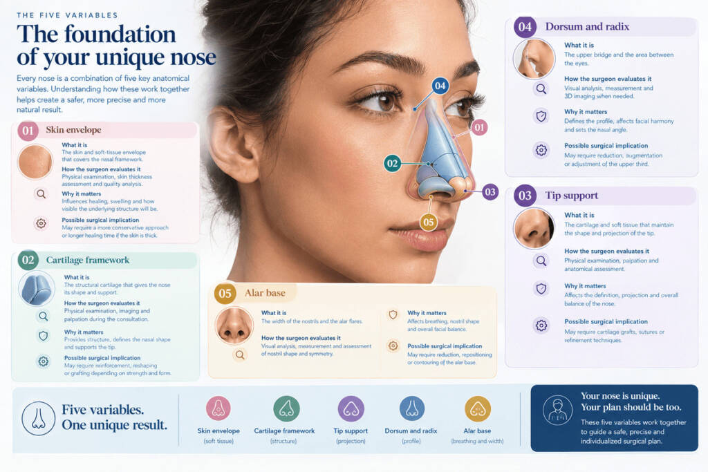 Media: The Five Variables — master anatomical diagram
A central realistic lateral/three-quarter nasal illustration with five numbered hotspots.
01 Skin envelope
02 Cartilage framework
03 Tip support
04 Dorsum/radix
05 Alar base
Click/tap reveals a concise explanation.
What it should contain
For each variable:
What it is
How the surgeon evaluates it
Why it matters
Possible surgical implication
Example:
Skin thickness
A thicker soft-tissue envelope can retain postoperative swelling longer and may soften visible structural definition.