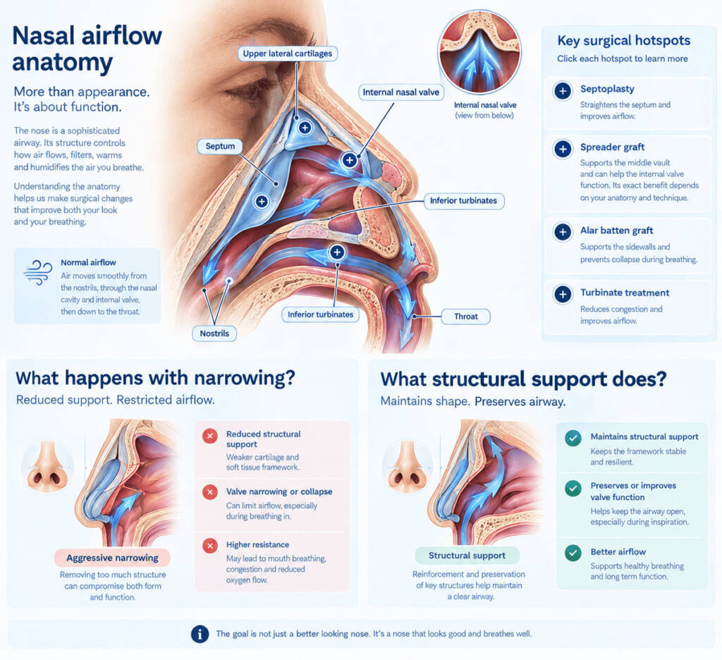 Media: Nasal airflow anatomy animation.
Three-quarter cutaway of the nose.
Animate airflow moving through:
Nostrils → nasal cavity → internal nasal valve → throat
Highlight:
Septum
Upper lateral cartilages
Internal nasal valve
Inferior turbinates
Then show a second sequence:
Aggressive narrowing
→ reduced structural support
→ potential valve narrowing/collapse
versus:
Structural support
→ preservation/reinforcement of airway.
What it contains
Small interactive hotspots:
Septoplasty
Spreader graft
Alar batten graft
Turbinate treatment
Spreader grafts are used to support the middle vault and can contribute to internal-valve function, although their exact functional benefit depends on the underlying anatomy and technique.
Aim
This is the ENT moat.
Most cosmetic competitors explain how a nose looks.
Dr. Bağlı can explain how the structures being changed also function as an airway.
