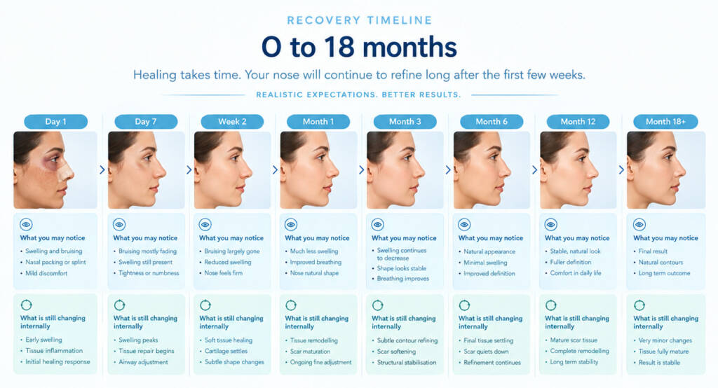 A horizontal timeline:
Day 1 → Day 7 → Week 2 → Month 1 → Month 3 → Month 6 → Month 12 → Month 18+
Under each:
What you may notice
and
What is still changing internally