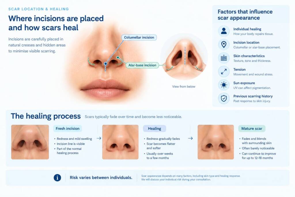 Media: Scar-location anatomical illustration
What it should show
A clean nose illustration identifying:
Columellar incision
Alar-base incision
Then three small stages:
Fresh incision
→ healing
→ mature scar
Do not use graphic surgical imagery.
What it contains
A sidebar:
Factors that influence scar appearance
individual healing
incision location
skin characteristics
tension
sun exposure
previous scarring history
Aim
Give patients with darker skin a visual explanation rather than frightening them with generic “scar risk” copy.
Critical medical/legal point. not visually implying that Fitzpatrick IV–VI patients will definitely develop keloids or pigmentation.
The image says:
“Risk varies between individuals.”