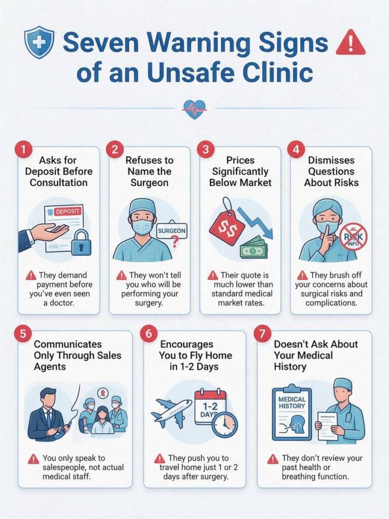 A clean, shareable graphic titled "Seven Warning Signs of an Unsafe Clinic" 