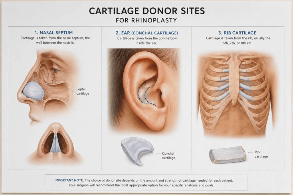 medical diagram showing the three primary cartilage donor sites in the human body, specifically the nasal septum, the back of the ear, and the rib cage, to help patients visualize where grafts are harvested.