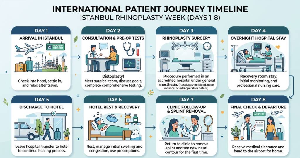  International Patient Journey Timeline outlining Days 1 to 8. The graphic features a clear calendar style progression from arrival to departure
