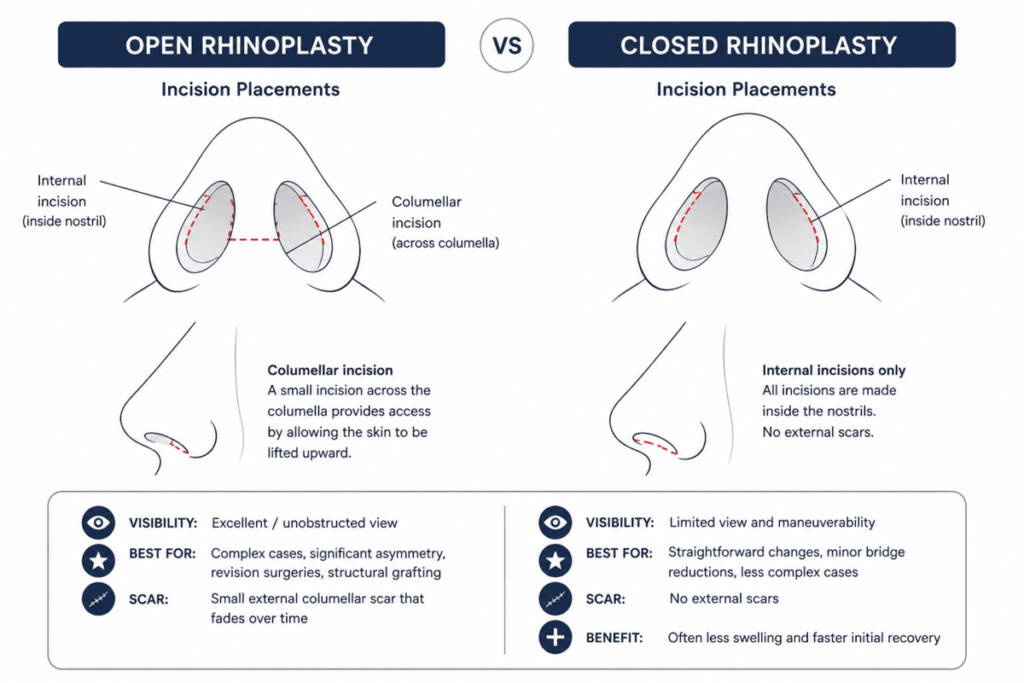 clear line diagram comparing open versus closed incision placements, showing the columellar incision for the open approach and internal nostril incisions for the closed approach.