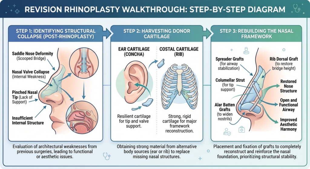 diagram sequence illustrating a revision rhinoplasty walkthrough. The sequence shows the identification of structural collapse, the harvesting of donor cartilage, and the rebuilding of the nasal framework, completely avoiding graphic surgical photography