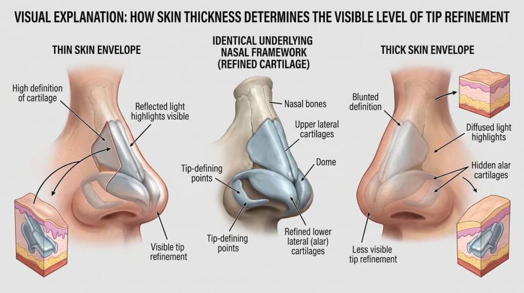 A diagram comparing thin versus thick skin draped over an identical underlying nasal framework, demonstrating how skin thickness determines the visible level of tip refinement.