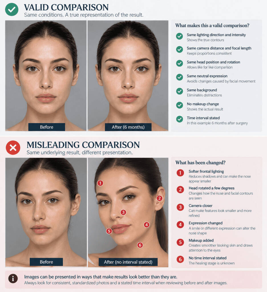 Valid vs misleading comparison · annotated SVG · P5] Two pairs stacked vertically, using illustrated or consented-model faces, so the asset carries zero Art. 7 exposure. Valid: identical lighting direction and intensity, camera distance and focal length, head rotation, neutral expression on both, same background, no makeup change, interval stated. Misleading: the same underlying result with softer frontal light on the after, head rotated a few degrees, camera closer, expression changed, makeup added, no interval. Numbered callouts on each altered variable with a one-line note on what it does to perceived result.